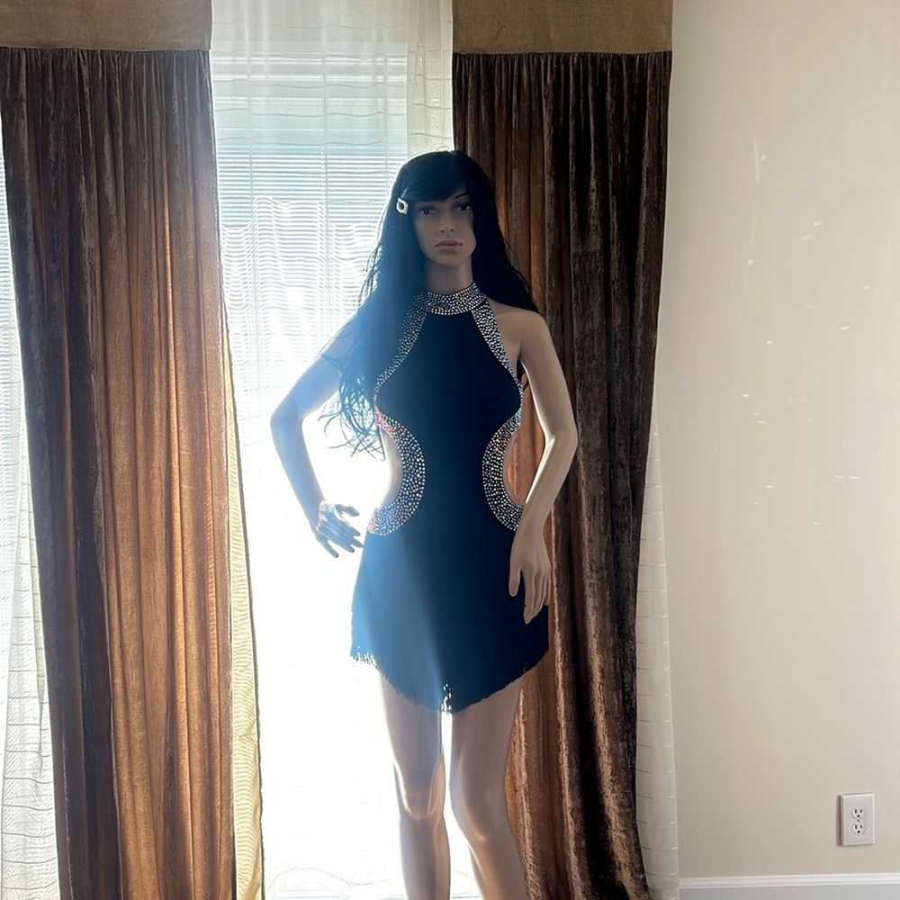 CUSTOM DESIGNED Black Halter-Neck Latin Ballroom Dress with Open Back
